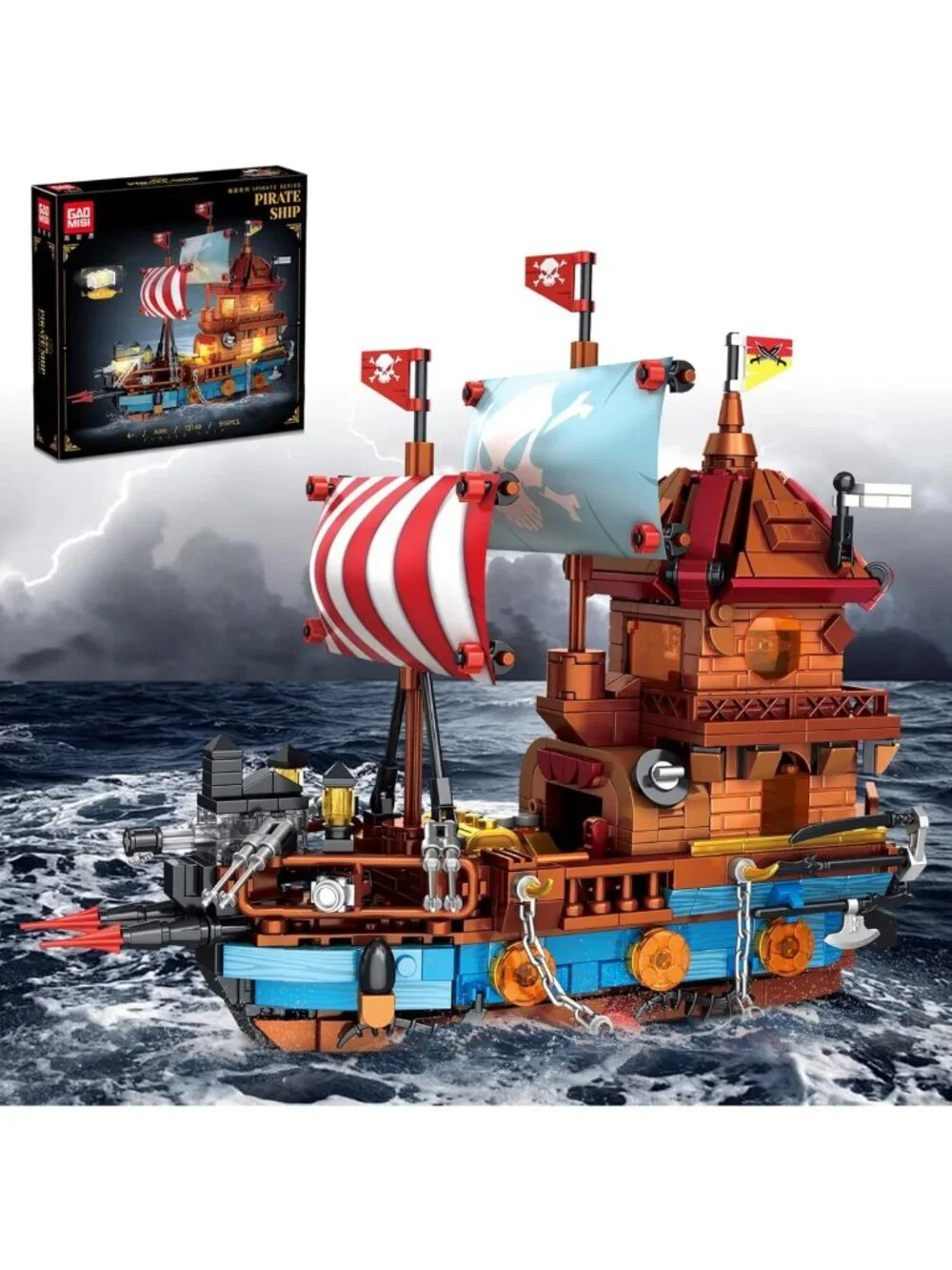LED Lighted Pirate Ship Building Kit - 916PCS Blocks Set with Treasure Chest